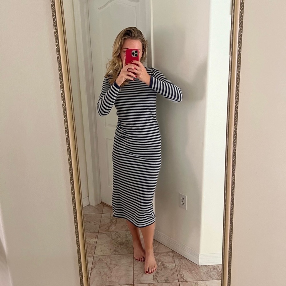 MASSIMO DUTTI sz XS Cotton Midi Sweater Dress Striped Navy Blue and light Grey